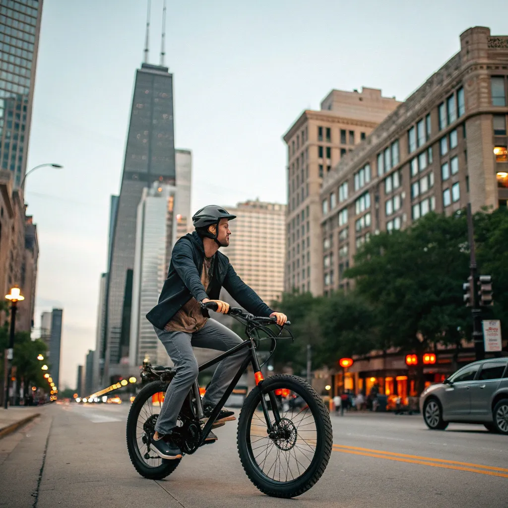 Adam Lewis riding his electric bike in Chicago
